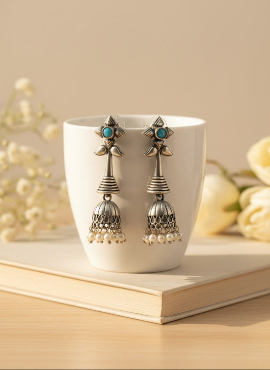 Silver Oxidized Boho Floral Jhumka Earrings with Aqua Stone and Pearl Drops for Women - All Occasions