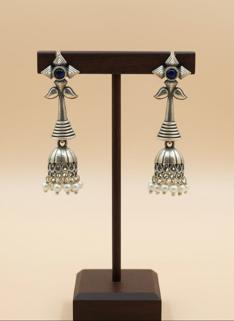Silver Oxidized Boho Floral Jhumka Earrings with Dark Blue Stone and Pearl Drops for Women - All Occasions 