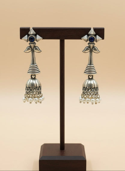 Silver Oxidized Boho Floral Jhumka Earrings with Dark Blue Stone and Pearl Drops for Women - All Occasions 