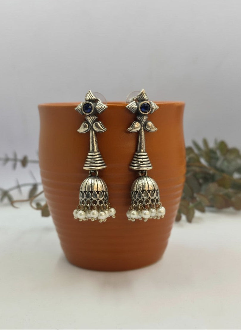 Silver Oxidized Boho Floral Jhumka Earrings with Dark Blue Stone and Pearl Drops for Women - All Occasions 