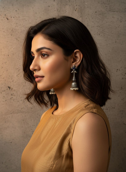 Silver Oxidized Boho Floral Jhumka Earrings with Dark Blue Stone and Pearl Drops for Women - All Occasions 