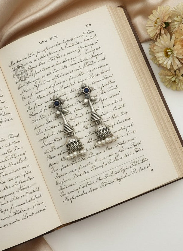 Silver Oxidized Boho Floral Jhumka Earrings with Dark Blue Stone and Pearl Drops for Women - All Occasions 