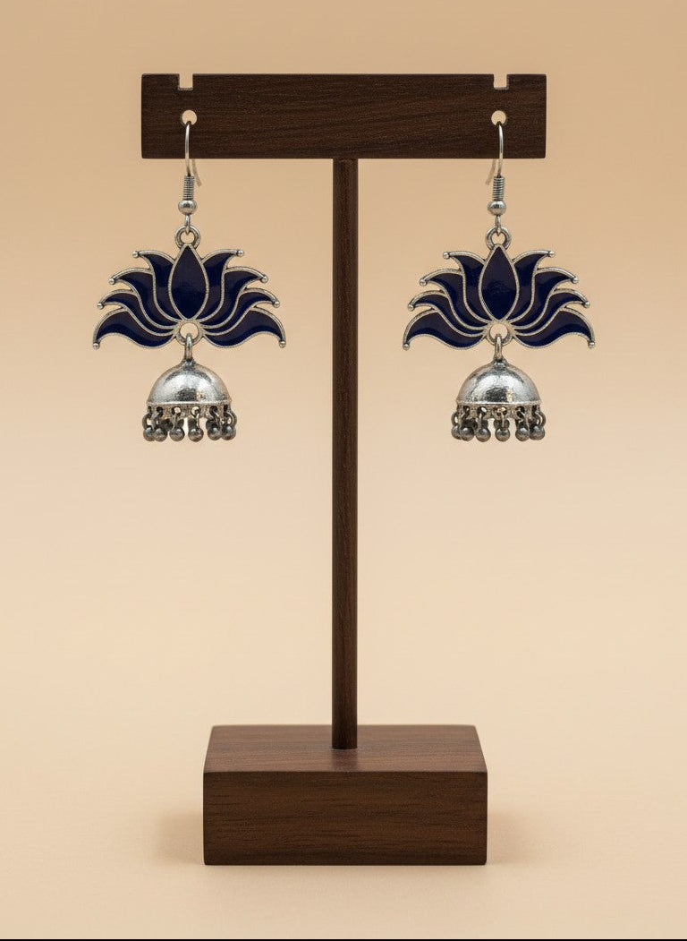 Silver Oxidized Bold Blue Lotus Inspired Jhumka Hook Earrings for Women - All Occasions