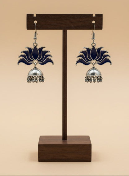 Silver Oxidized Bold Blue Lotus Inspired Jhumka Hook Earrings for Women - All Occasions