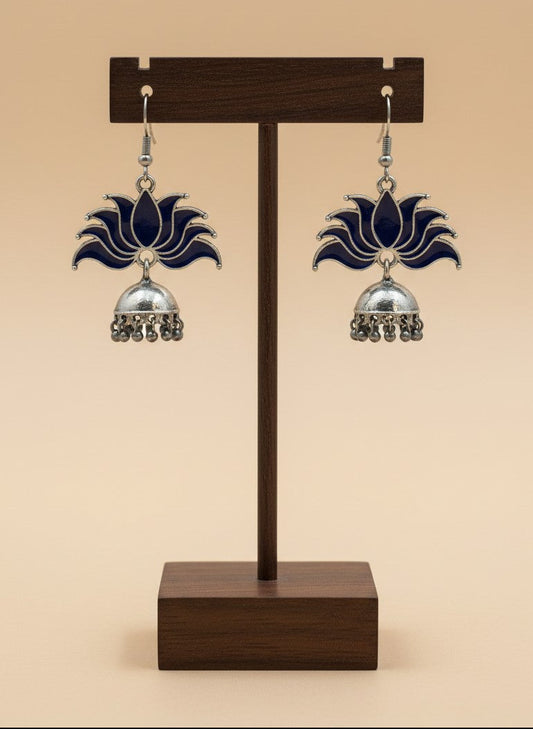 Silver Oxidized Bold Blue Lotus Inspired Jhumka Hook Earrings for Women - All Occasions