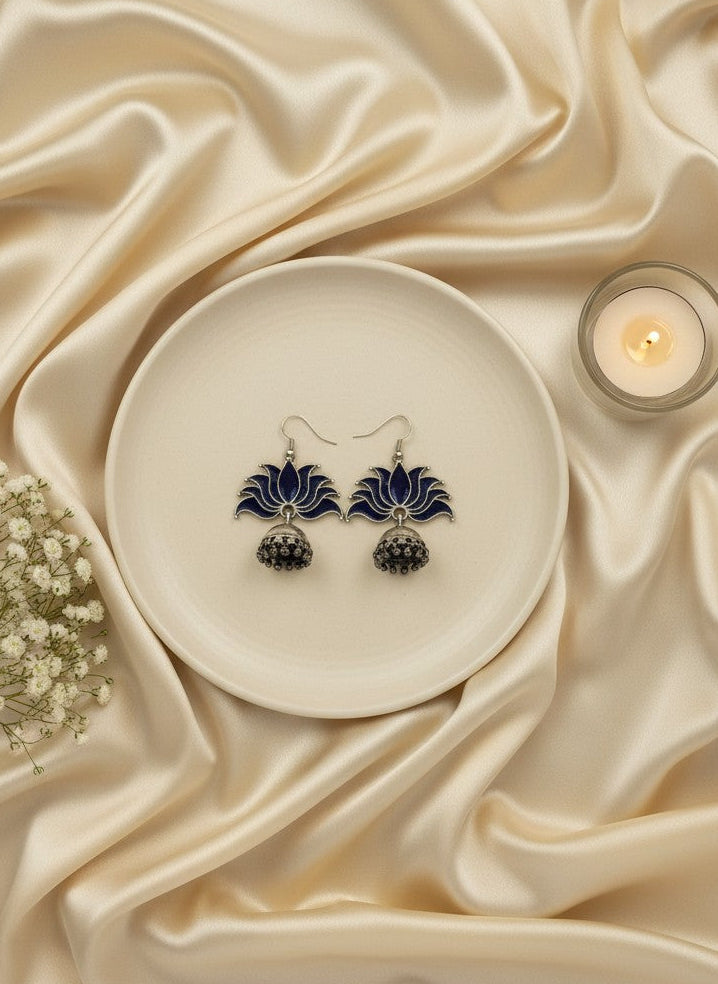 Silver Oxidized Bold Blue Lotus Inspired Jhumka Hook Earrings for Women - All Occasions 