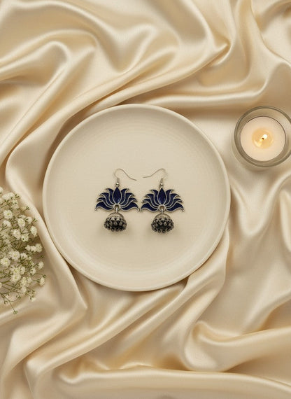 Silver Oxidized Bold Blue Lotus Inspired Jhumka Hook Earrings for Women - All Occasions 