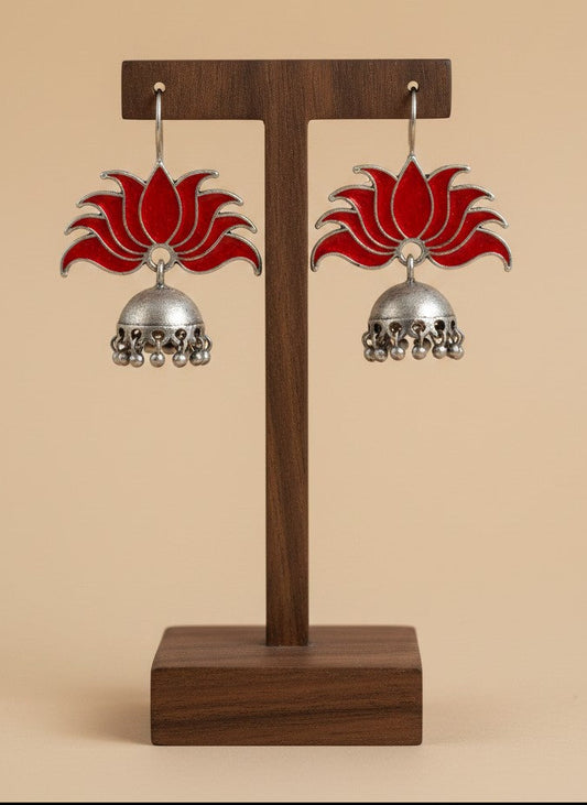 Silver Oxidized Bold Red Lotus Inspired Jhumka Hook Earrings for Women - All Occasions