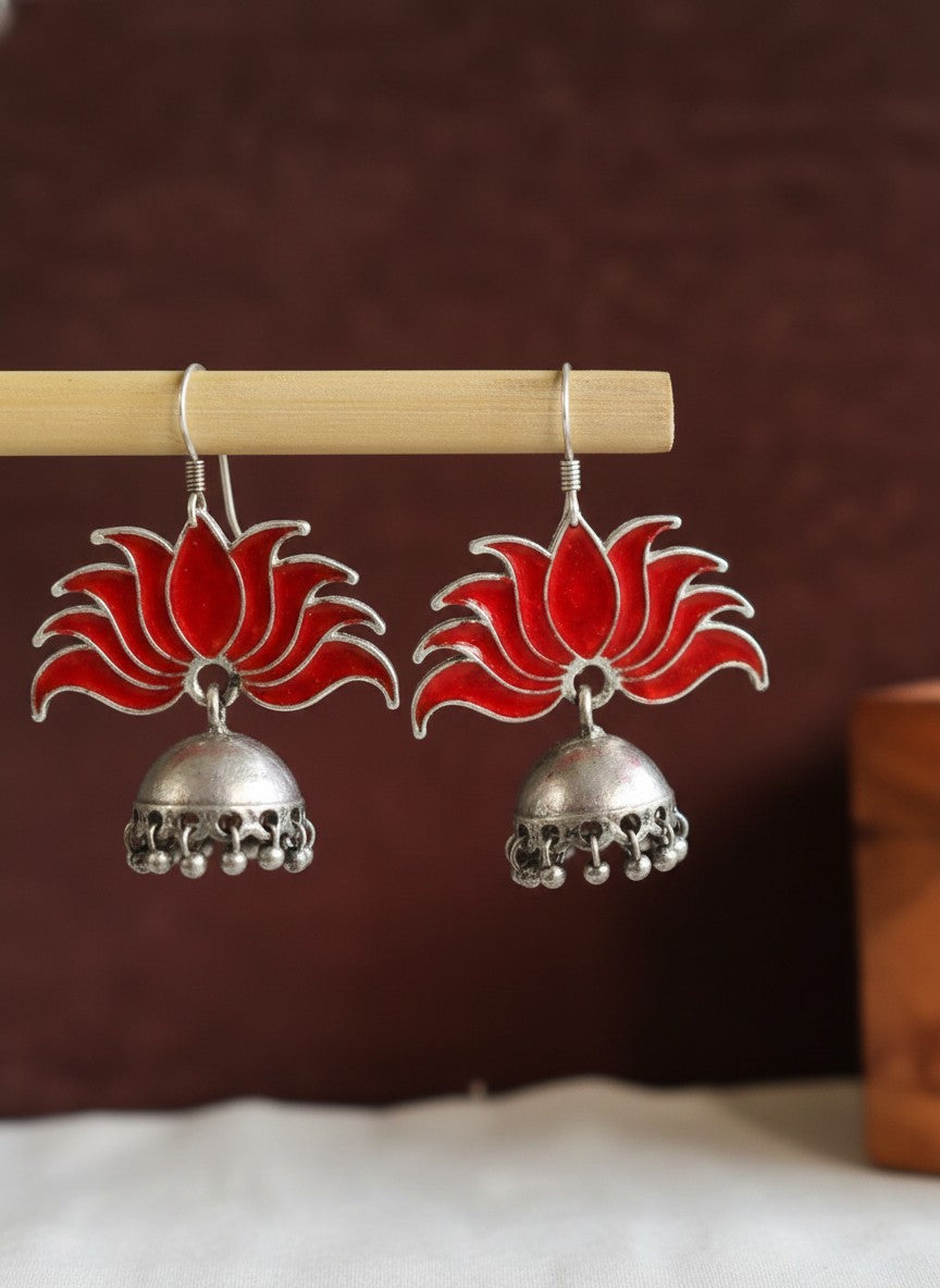 Silver Oxidized Bold Red Lotus Inspired Jhumka Hook Earrings for Women - All Occasions