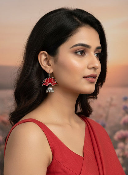 Silver Oxidized Bold Red Lotus Inspired Jhumka Hook Earrings for Women - All Occasions