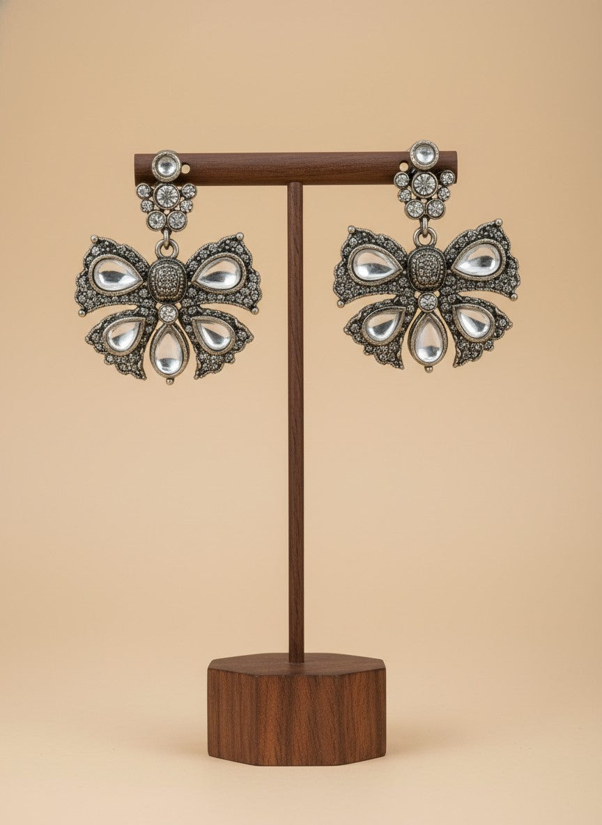 Silver Oxidized Butterfly with Stone Embellishment Statement Earrings for Women - All Occasion Wear