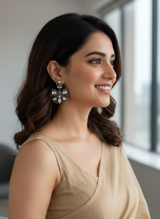 Silver Oxidized Butterfly with Stone Embellishment Statement Earrings for Women - All Occasion Wear