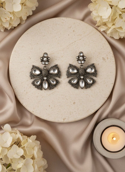 Silver Oxidized Butterfly with Stone Embellishment Statement Earrings for Women - All Occasion Wear