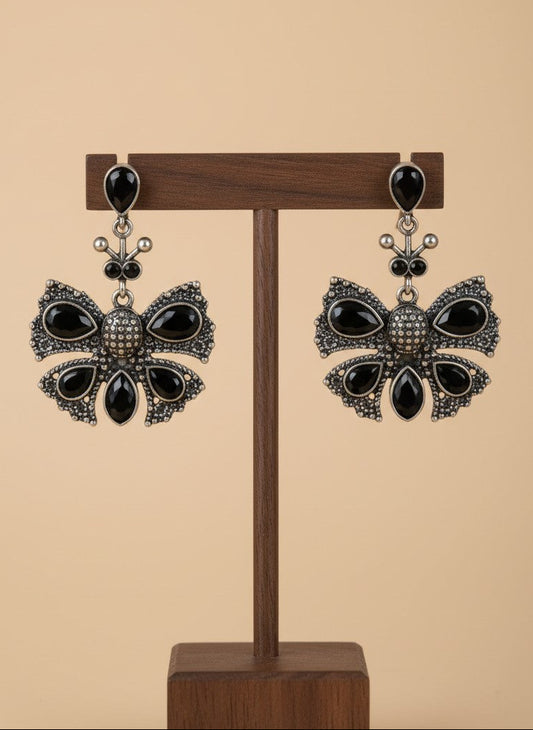 Silver Oxidized Butterfly with Stone Embellishment Statement Earrings for Women - All Occasion Wear
