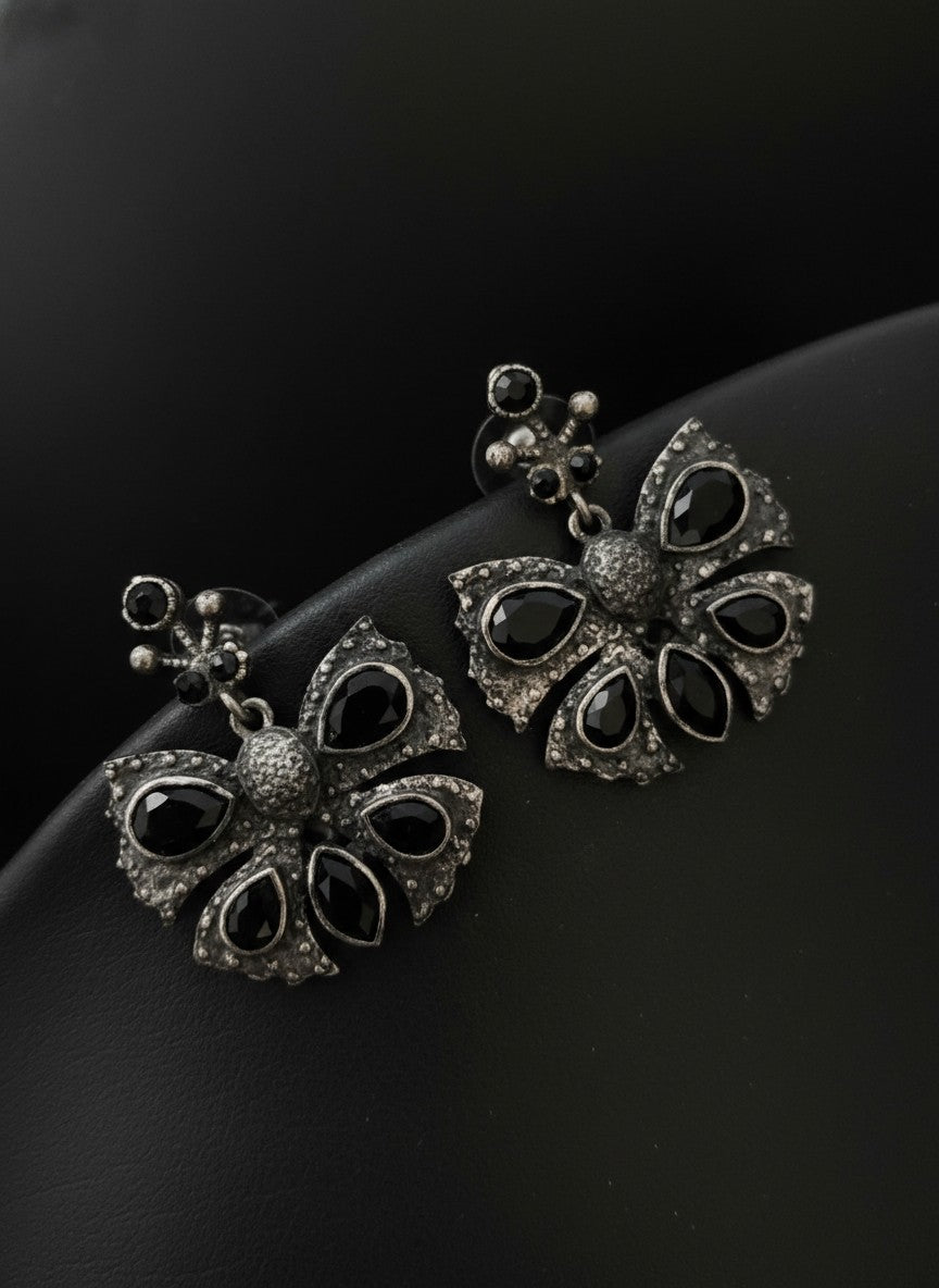 Silver Oxidized Butterfly with Stone Embellishment Statement Earrings for Women - All Occasion Wear