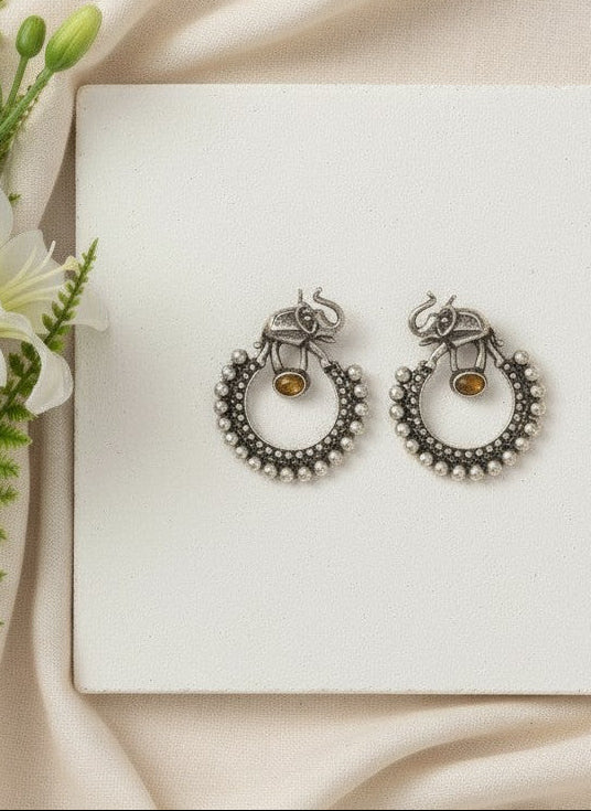 Silver Oxidized Chandbali Style Elephant Motifs Earrings for Women - Special Occasions 