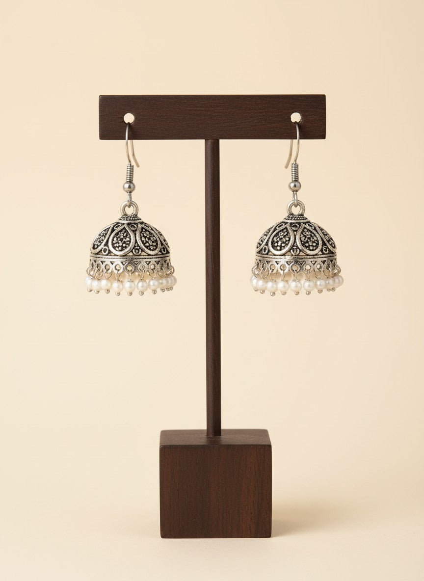 Silver Oxidized Classic Jhumka Earrings with Intricate Filigree Detailing for Women - Everyday Wear