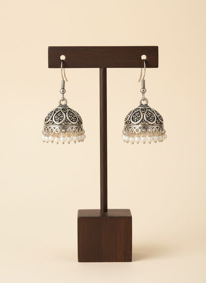 Silver Oxidized Classic Jhumka Earrings with Intricate Filigree Detailing for Women - Everyday Wear