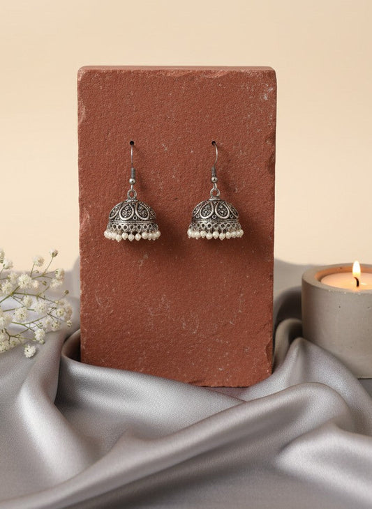 Silver Oxidized Classic Jhumka Earrings with Intricate Filigree Detailing for Women - Everyday Wear