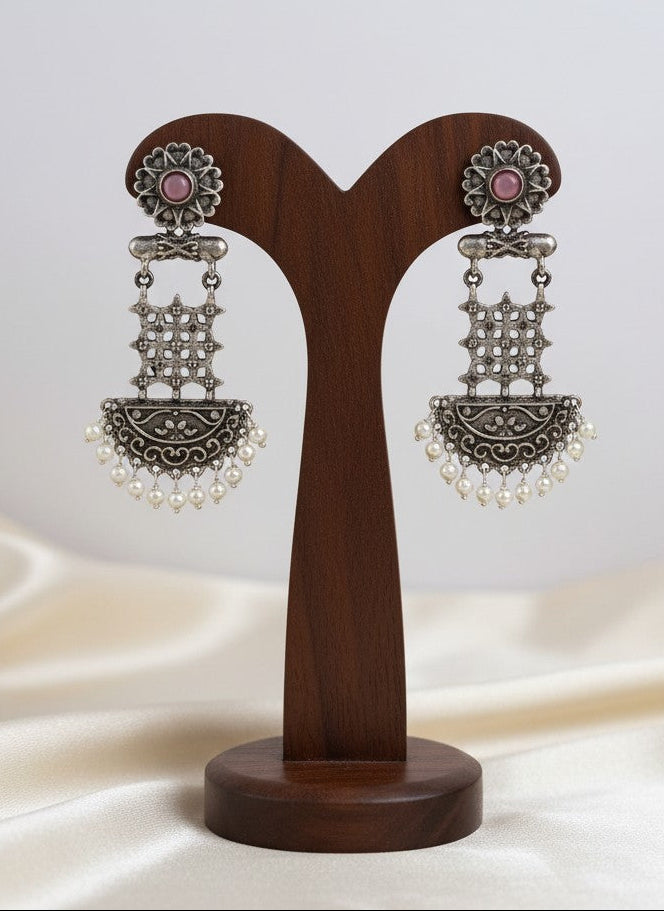Silver Oxidized Dangler Earrings with Pearls and Pink Monalisa Stones for Women - Occasion Wear