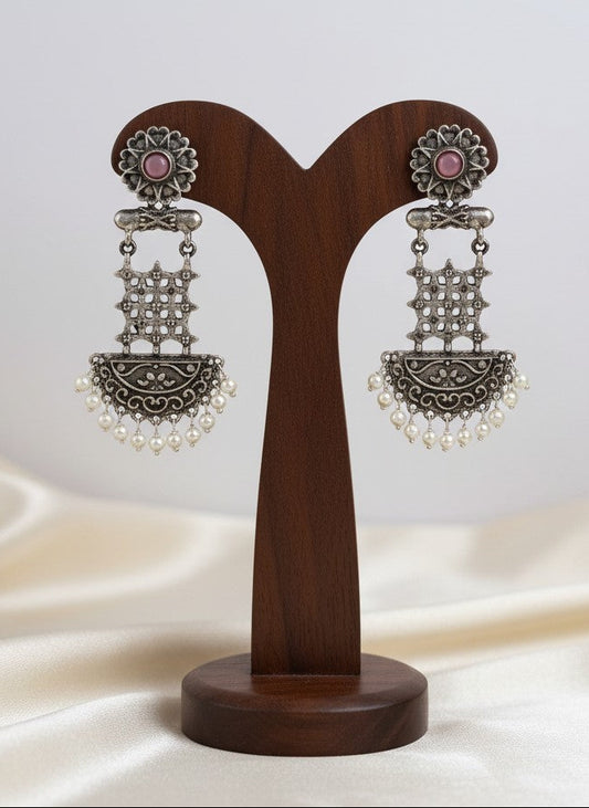 Silver Oxidized Dangler Earrings with Pearls and Pink Monalisa Stones for Women - Occasion Wear