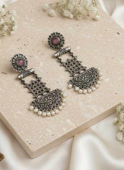 Silver Oxidized Dangler Earrings with Pearls and Pink Monalisa Stones for Women - Occasion Wear