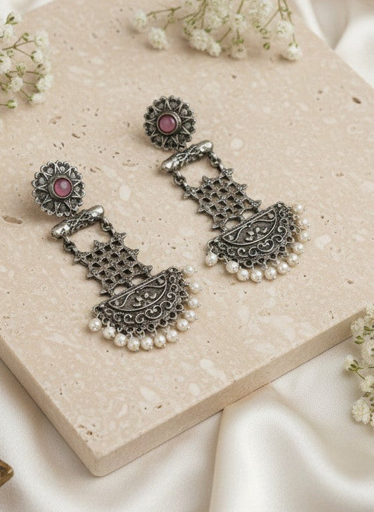 Silver Oxidized Dangler Earrings with Pearls and Pink Monalisa Stones for Women - Occasion Wear