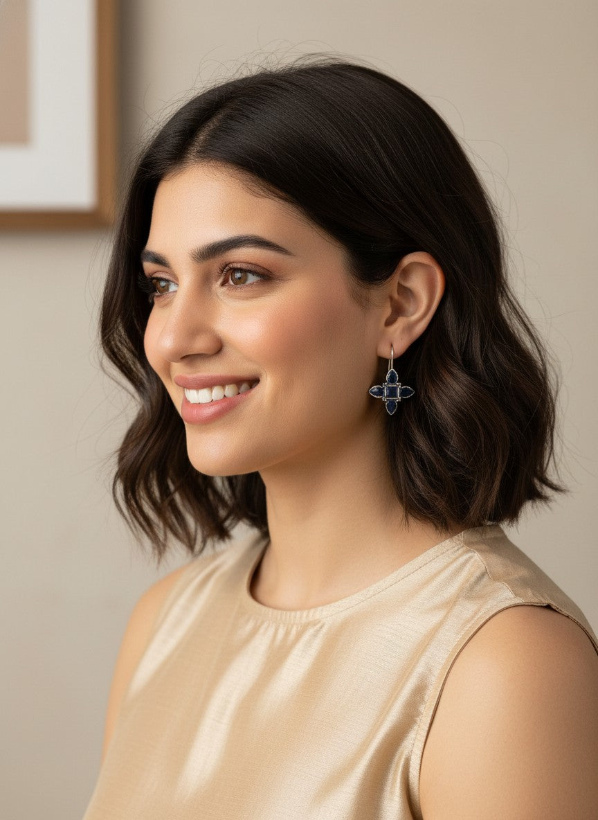Silver Oxidized Deep Blue Stones Petal Motif Hook Earrings for Women - Everyday Wear