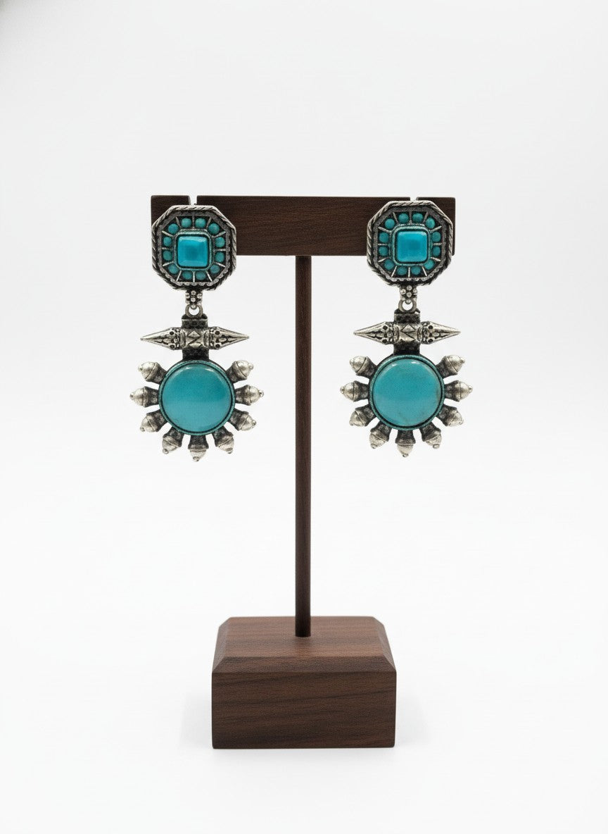 Silver Oxidized Drop Earrings with Monalisa Stone & Pearls for Women - All Occasion Wear