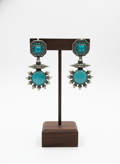Silver Oxidized Drop Earrings with Monalisa Stone & Pearls for Women - All Occasion Wear