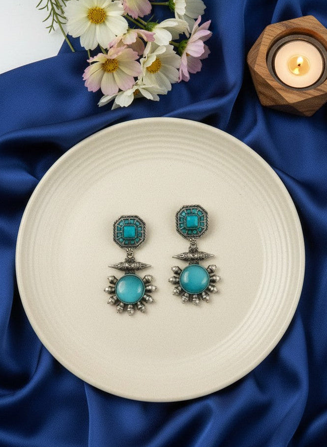 Silver Oxidized Drop Earrings with Monalisa Stone & Pearls for Women - All Occasion Wear