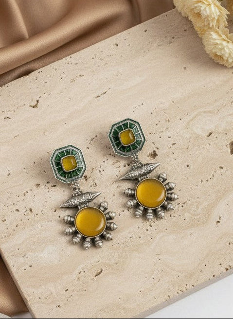 Silver Oxidized Drop Earrings with Monalisa Stone & Pearls for Women - All Occasion wear