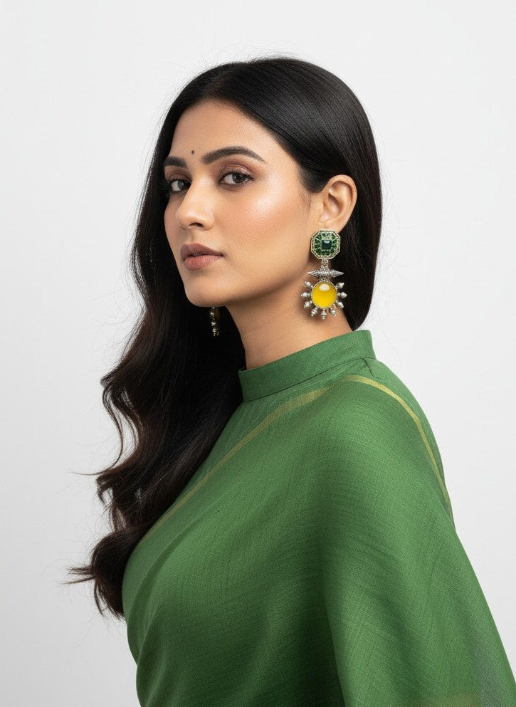 Model wearing Silver Oxidized Drop Earrings with Monalisa Stone & Pearls for Women - All Occasion wear