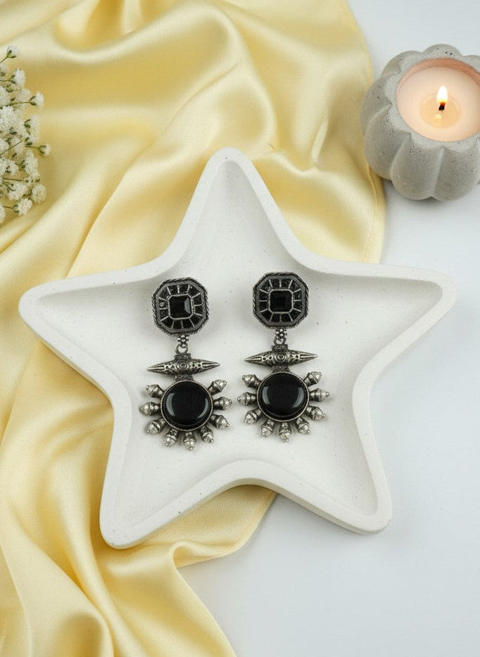 Silver Oxidized Drop Earrings with Monalisa Stone & Pearls for Women - All Occasions