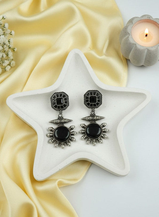 Silver Oxidized Drop Earrings with Monalisa Stone & Pearls for Women - All Occasions