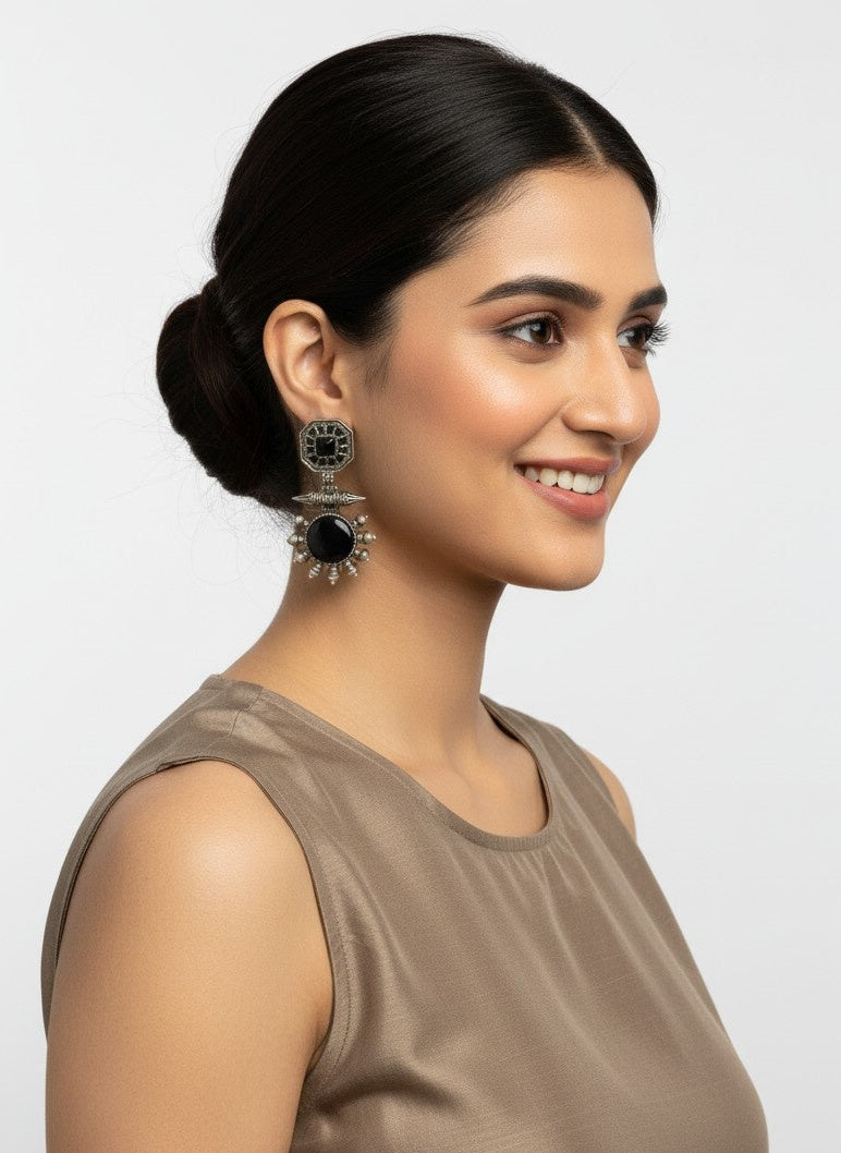 Model wearing Silver Oxidized Drop Earrings with Monalisa Stone & Pearls for Women - All Occasions