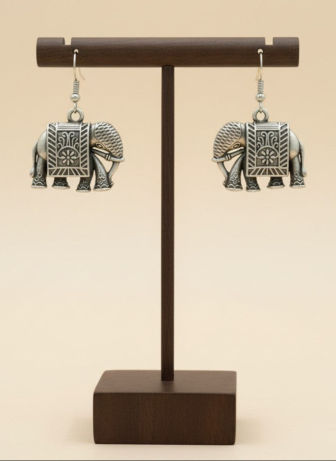Silver Oxidized Elephant Motif Drop Hook Earrings for Women - All Occasions Wear