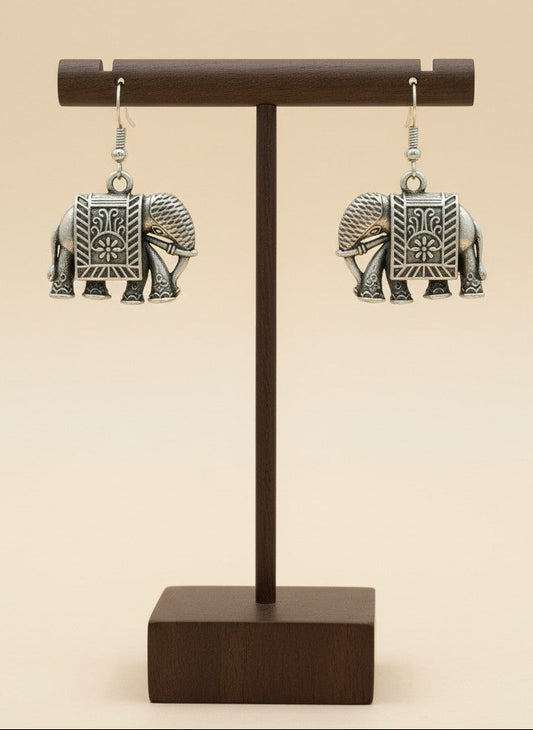 Silver Oxidized Elephant Motif Drop Hook Earrings for Women - All Occasions Wear