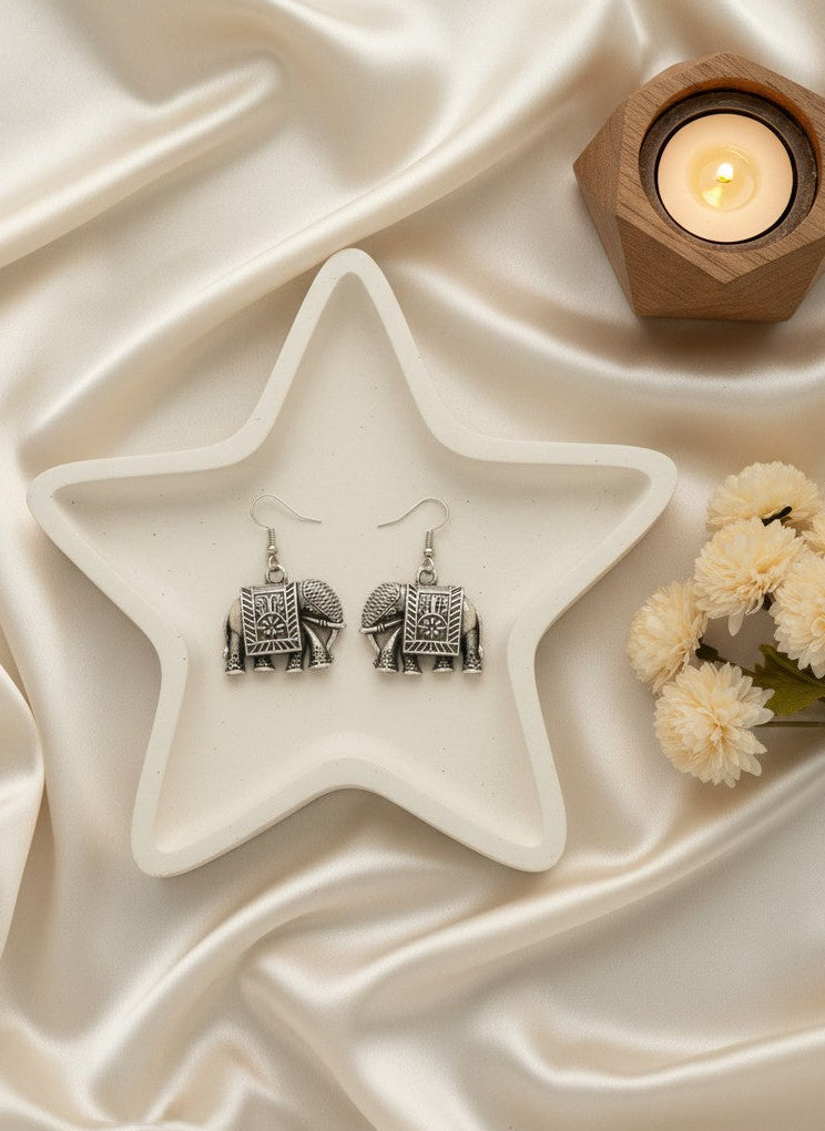 Silver Oxidized Elephant Motif Drop Hook Earrings for Women - All Occasions Wear