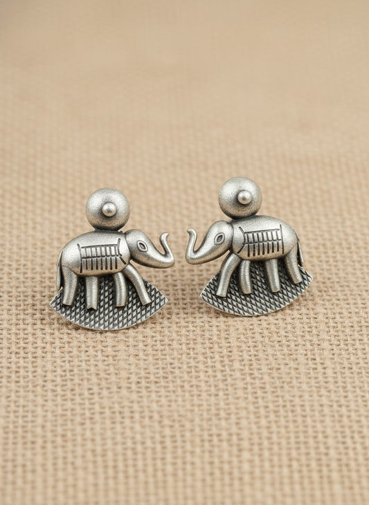 Silver Oxidized Elephant Motif Stud Earrings for Women - Daily Wear