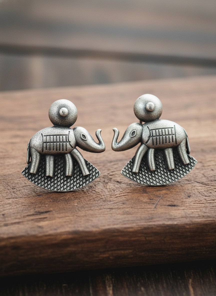 Silver Oxidized Elephant Motif Stud Earrings for Women - Daily Wear