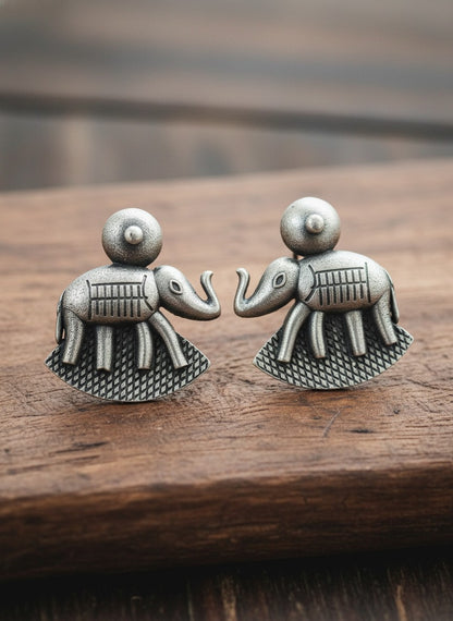 Silver Oxidized Elephant Motif Stud Earrings for Women - Daily Wear