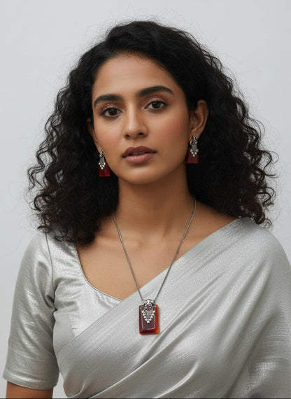 Silver Oxidized Ethnic Chain Necklace Set in Geometric Pattern Carnelian Stone for Women - Everyday Wear