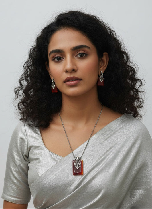 Silver Oxidized Ethnic Chain Necklace Set in Geometric Pattern Carnelian Stone for Women - Everyday Wear