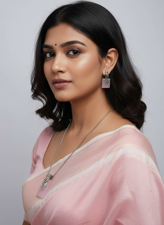 Silver Oxidized Ethnic Chain Necklace Set in Geometric Pattern Rose Quartz for Women - Everyday Wear