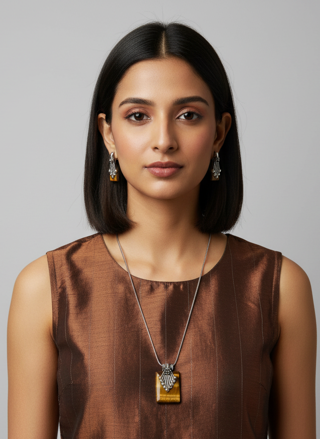 Silver Oxidized Ethnic Chain Necklace Set in Geometric Pattern Tiger Eye for Women - Everyday Wear