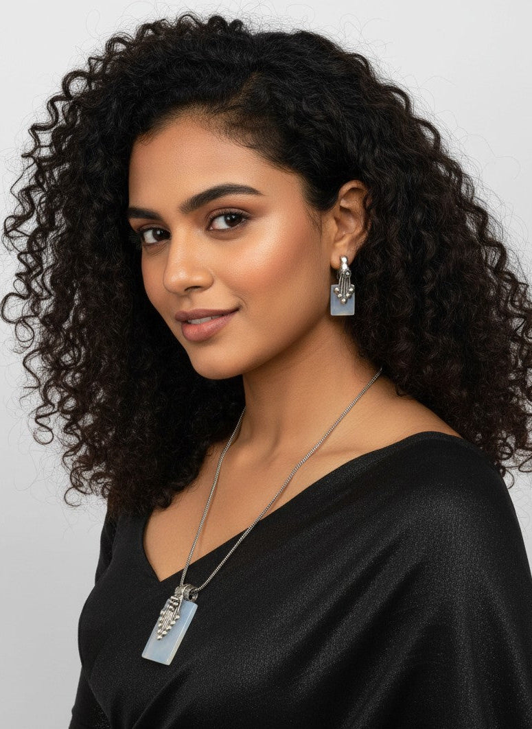 Silver Oxidized Ethnic Chain Necklace Set in Geometric Pattern White Quartz for Women - Everyday Wear