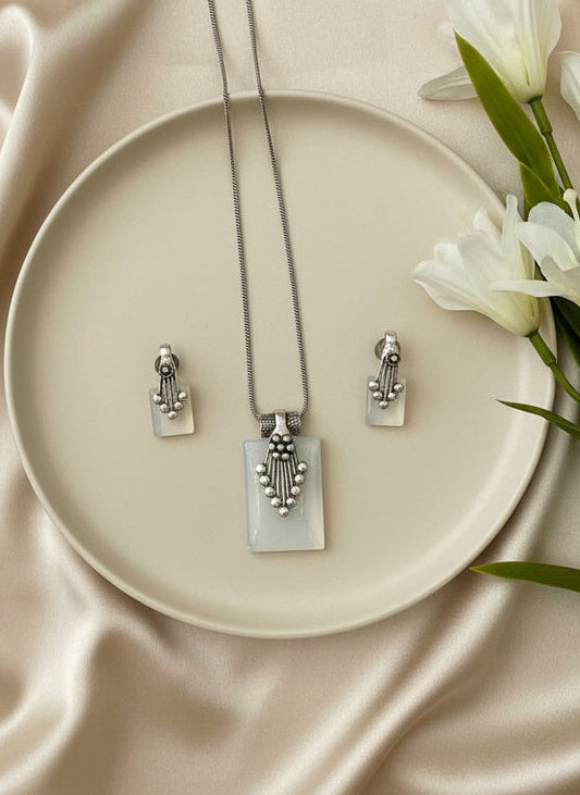 Silver Oxidized Ethnic Chain Necklace Set in Geometric Pattern White Quartz for Women - Everyday Wear
