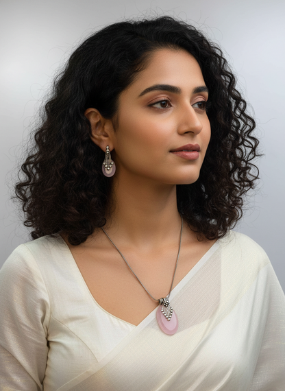 Silver Oxidized Ethnic Chain Necklace Set in Oval Design Rose Quartz for Women - Everyday Wear