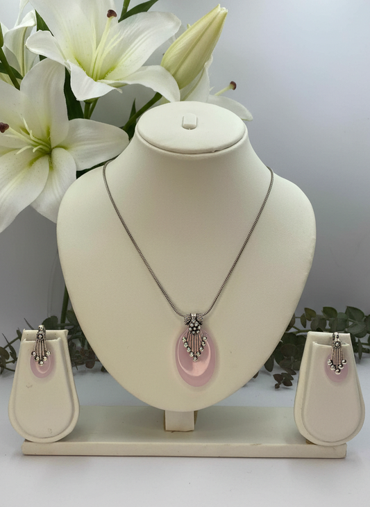 Silver Oxidized Ethnic Chain Necklace Set in Oval Design Rose Quartz for Women - Everyday Wear